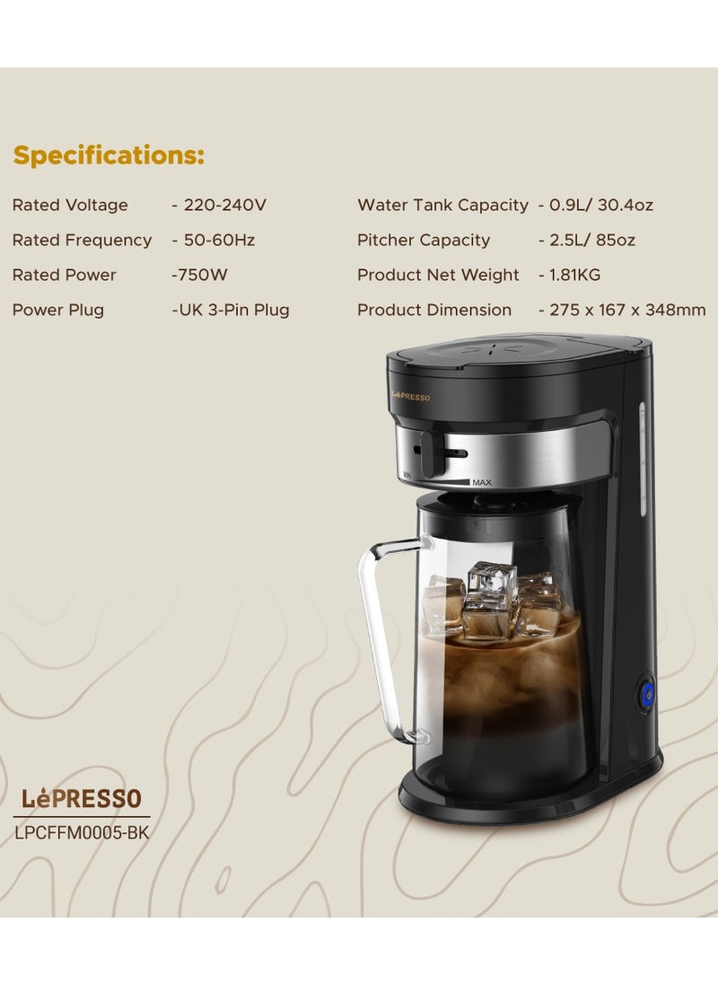 LePRESSO - Cold Brew Machine Ice Coffee & Tea Maker 2.5L Pitcher Capacity 750W Coffee Machine/ 900ml Water Tank Capacity / Auto Shut- Off One-Tap Brewing / Cold & Hot Drinks, Adjustable Brew Strength - Black - Image 1