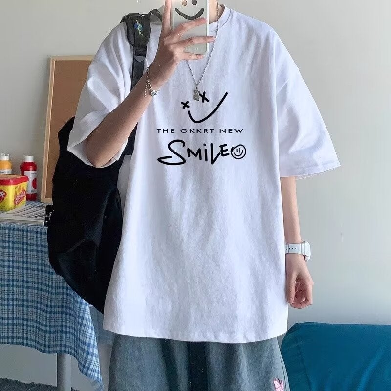 Hong Kong Style Indoor Pure Cotton Men'S Short-Sleeved Hong Kong Style Trendy Funny Smiley Printed Loose Casual Couple T-Shirt Base Shirt - Image 1