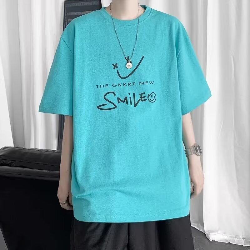 Hong Kong Style Indoor Pure Cotton Men'S Short-Sleeved Hong Kong Style Trendy Funny Smiley Printed Loose Casual Couple T-Shirt Base Shirt - Image 4
