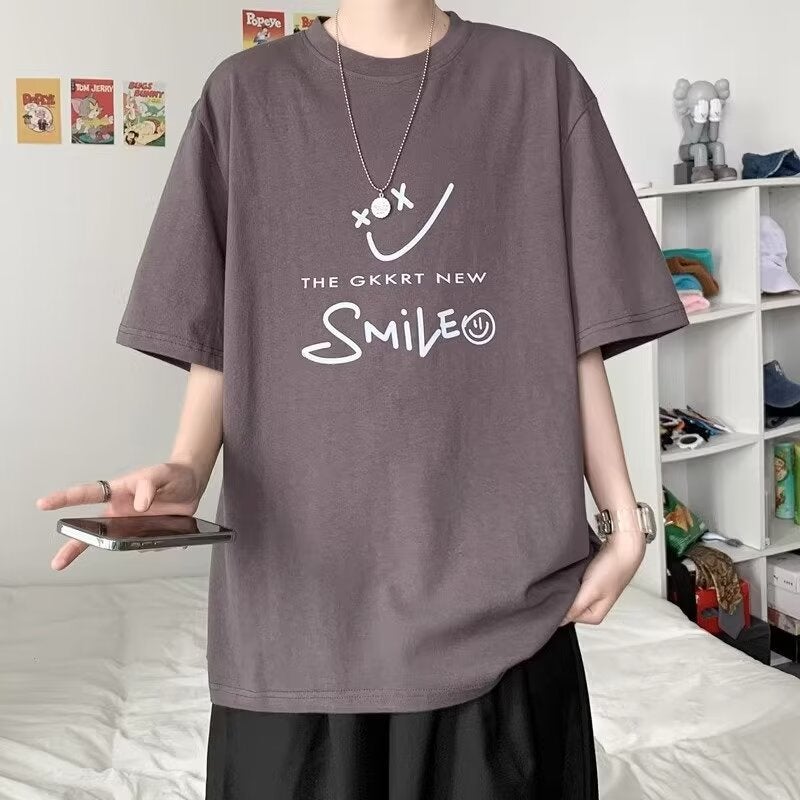 Hong Kong Style Indoor Pure Cotton Men'S Short-Sleeved Hong Kong Style Trendy Funny Smiley Printed Loose Casual Couple T-Shirt Base Shirt - Image 5