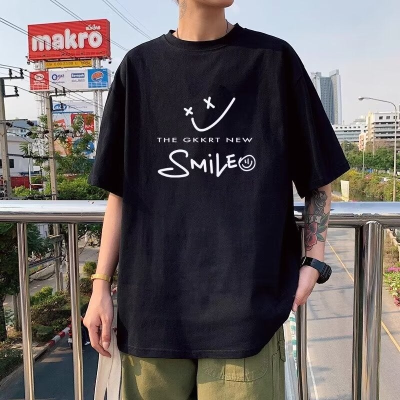 Hong Kong Style Indoor Pure Cotton Men'S Short-Sleeved Hong Kong Style Trendy Funny Smiley Printed Loose Casual Couple T-Shirt Base Shirt - Image 2