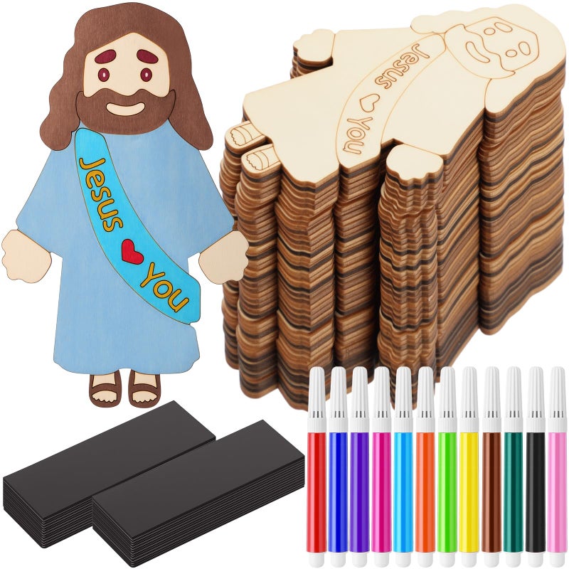 Blueweenly 24 Sets DIY Wood Jesus Figure Crafts Magnet for Kids Sunday School Vacation Bible School Craft Color Your Own Jesus Loves You with Magnets and Color Pens for Activity Easter - Image 1