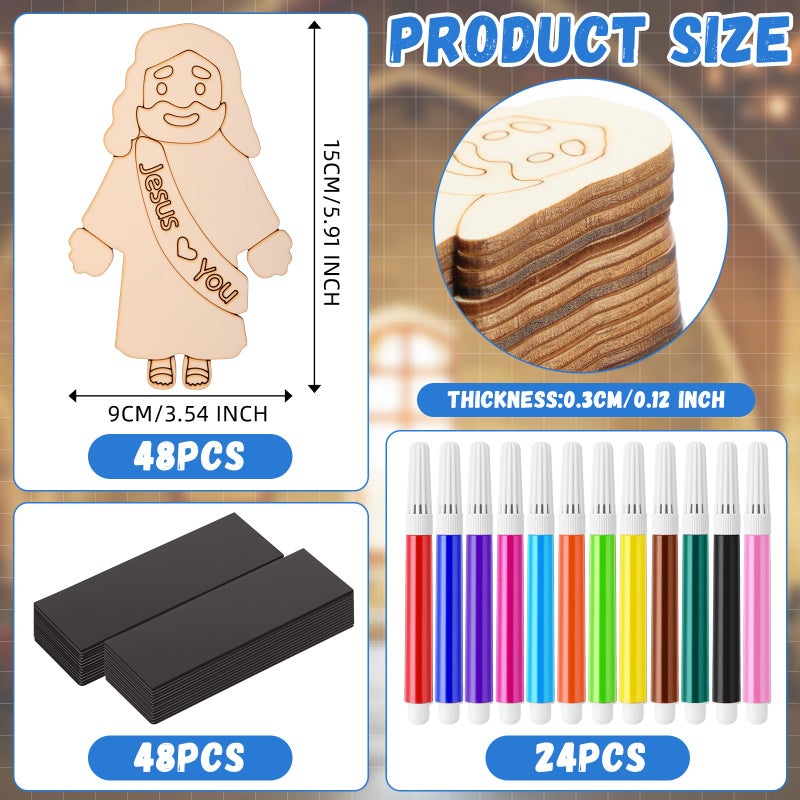 Blueweenly 24 Sets DIY Wood Jesus Figure Crafts Magnet for Kids Sunday School Vacation Bible School Craft Color Your Own Jesus Loves You with Magnets and Color Pens for Activity Easter - Image 2