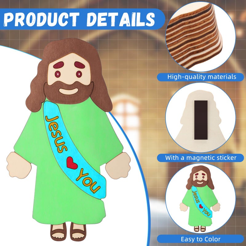 Blueweenly 24 Sets DIY Wood Jesus Figure Crafts Magnet for Kids Sunday School Vacation Bible School Craft Color Your Own Jesus Loves You with Magnets and Color Pens for Activity Easter - Image 3