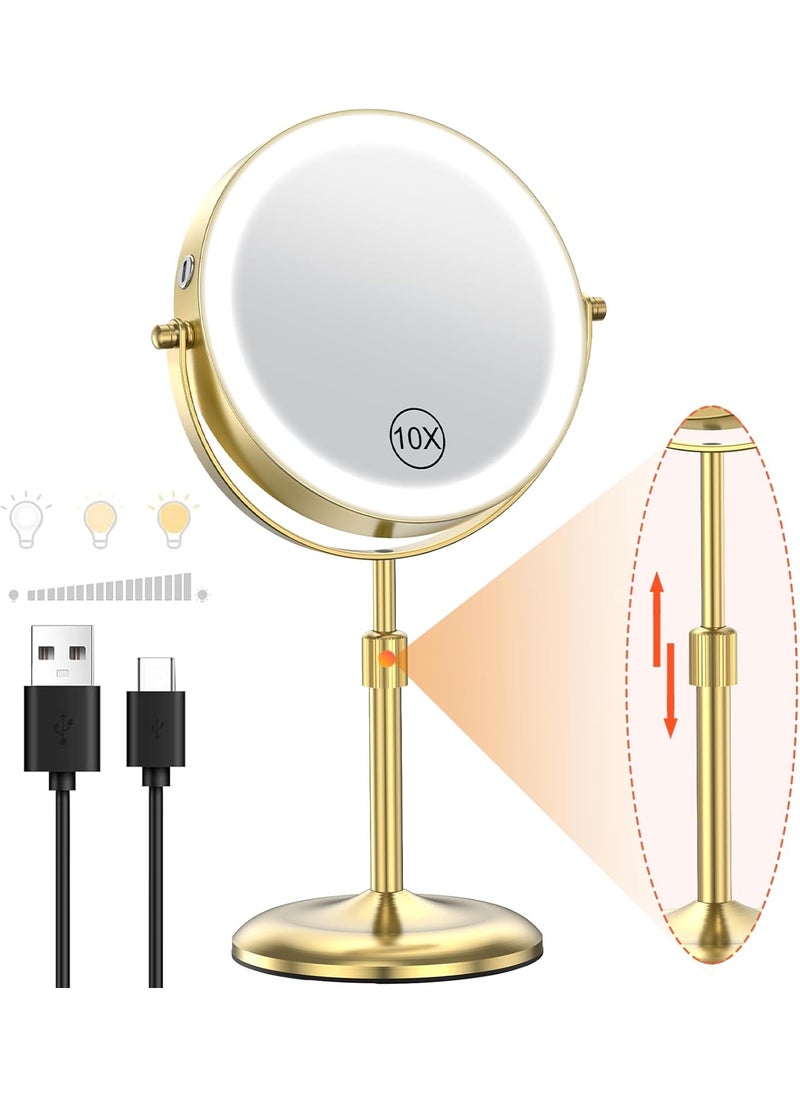 Benbilry - Benbilry Lighted Makeup Mirror with 3 Color Lights & 10X Magnification, Adjustable Brightness & Height, 7 Inch 360° Swivel Rechargeable 10X LED Magnifying Vanity Mirror with Light, Gold - Image 1