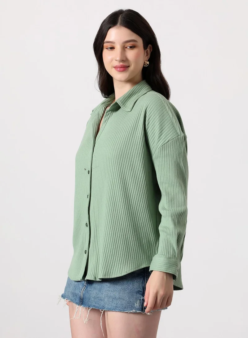 Pinacolada Women's Pistachio Green Chunky-Ribbed Oversized Shirt Women's Pistachio Green Chunky-Ribbed Oversized Shirt | نساء | أكمام طويلة | سادة | طوق منتشر | كاجوال كبير الحجم | قميص for Women | Best Price UAE