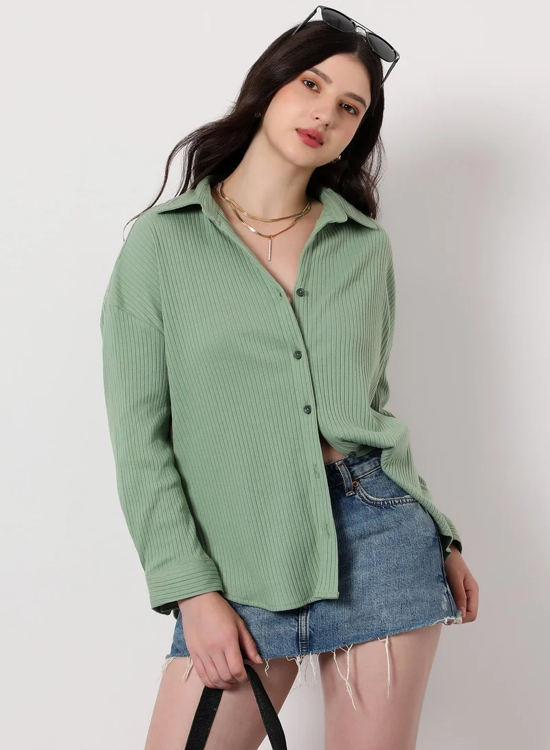 Women's Pistachio Green Chunky-Ribbed Oversized Shirt | نساء | أكمام طويلة | سادة | طوق منتشر | كاجوال كبير الحجم | قميص