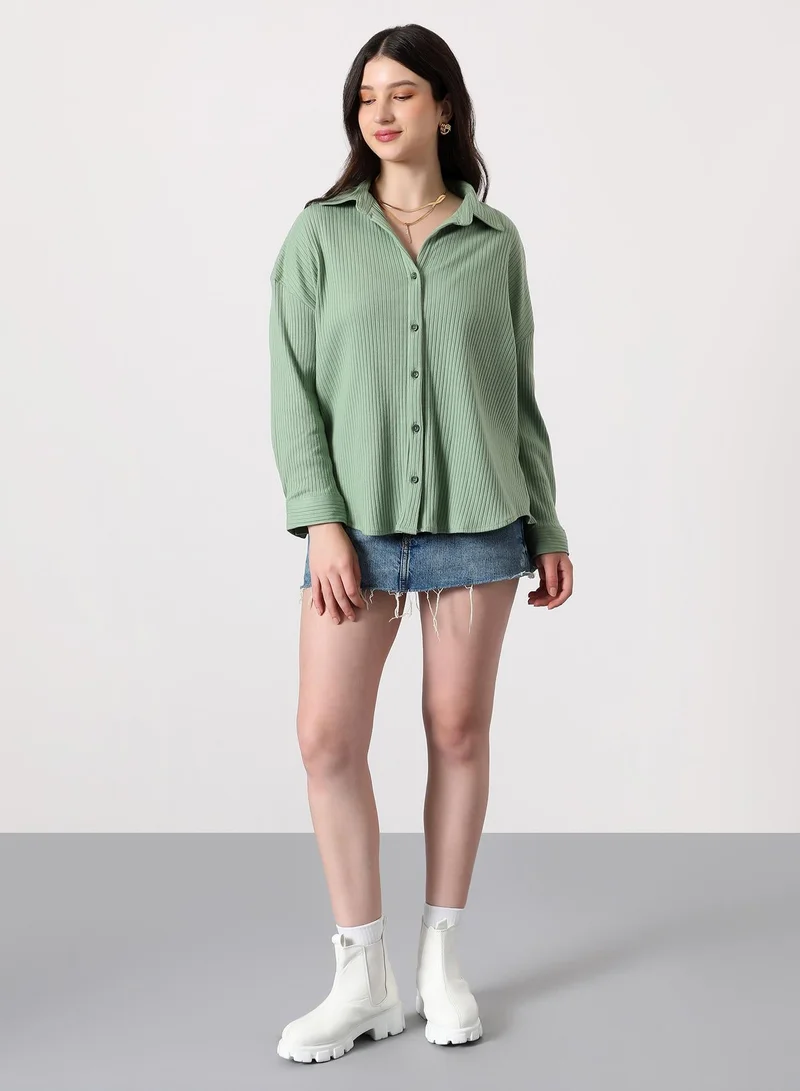 Pinacolada Women's Pistachio Green Chunky-Ribbed Oversized Shirt Women's Pistachio Green Chunky-Ribbed Oversized Shirt | نساء | أكمام طويلة | سادة | طوق منتشر | كاجوال كبير الحجم | قميص for Women | Best Price UAE