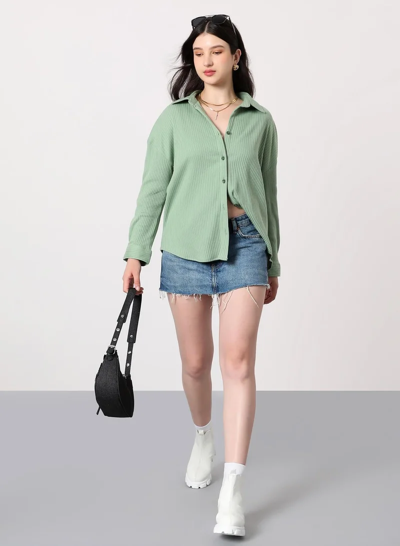 Pinacolada Women's Pistachio Green Chunky-Ribbed Oversized Shirt Women's Pistachio Green Chunky-Ribbed Oversized Shirt | نساء | أكمام طويلة | سادة | طوق منتشر | كاجوال كبير الحجم | قميص for Women | Best Price UAE