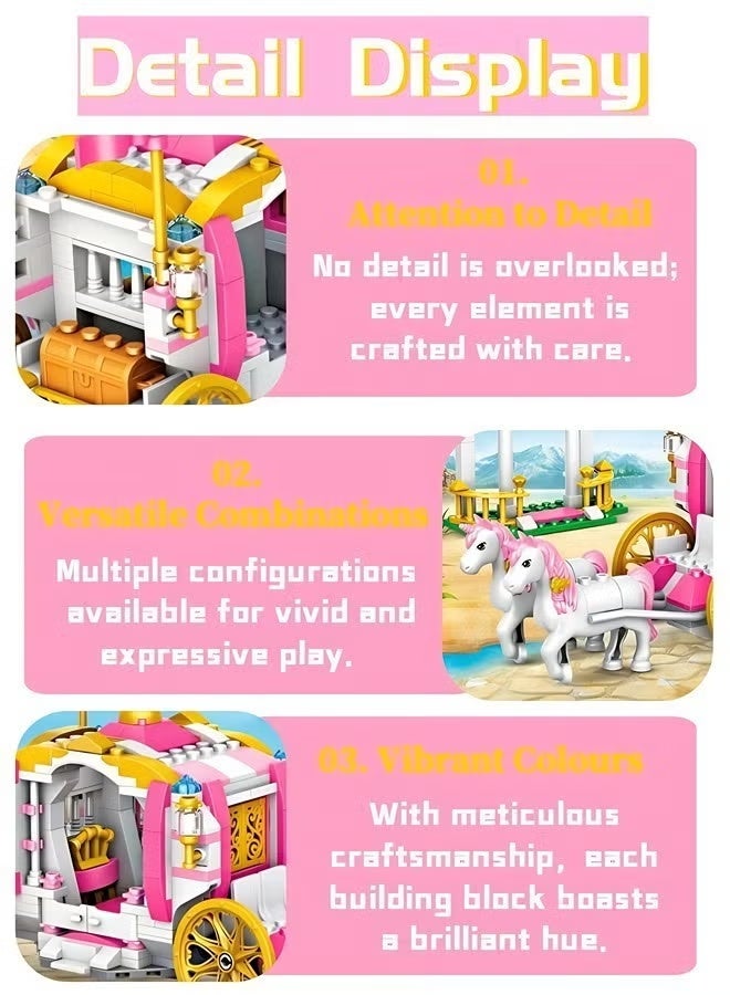 712 قطعة من مكعبات بناء قلعة الأحلام الوردية، ألعاب بناء للأطفال من القطع الصغيرة، مجموعة مكعبات بناء قلعة الأميرة والعربة، نموذج بناء تفاعلي بين الوالدين والأطفال، مجموعة ألعاب تجميع مكعبات بناء تعليمية، أفضل خيار هدية للأولاد والبنات - Image 3