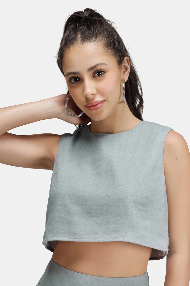 فيرجيو Solid Linen Solid Crop Top for Women