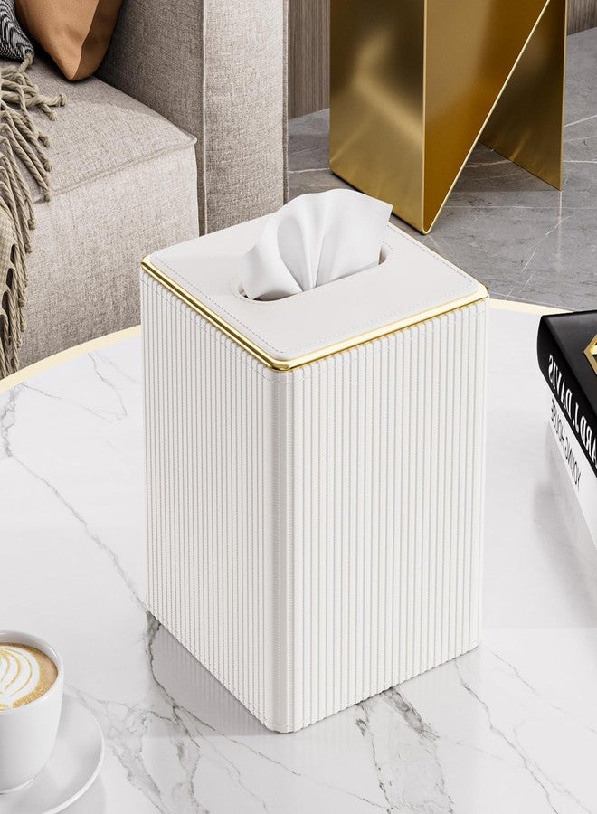GORESE Tissue Box Cover Square Kleenexs Box Cover, PU Leather Tissue Cover with Gold-Tone Edging, Cube Tissue Box Holder for Bathroom Livingroom Car, Modern Decorative Kleenexs Cover, Cream White - Image 2