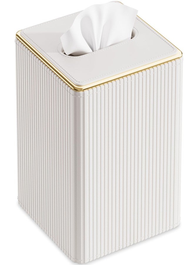 GORESE Tissue Box Cover Square Kleenexs Box Cover, PU Leather Tissue Cover with Gold-Tone Edging, Cube Tissue Box Holder for Bathroom Livingroom Car, Modern Decorative Kleenexs Cover, Cream White - Image 1