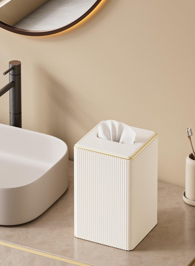 GORESE Tissue Box Cover Square Kleenexs Box Cover, PU Leather Tissue Cover with Gold-Tone Edging, Cube Tissue Box Holder for Bathroom Livingroom Car, Modern Decorative Kleenexs Cover, Cream White - Image 4