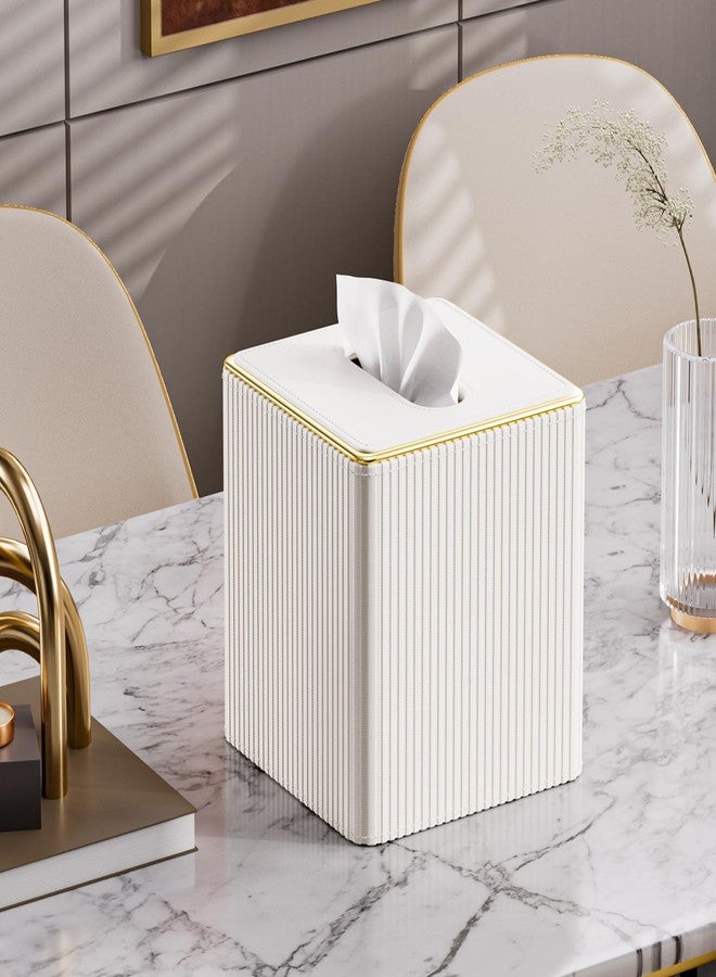 GORESE Tissue Box Cover Square Kleenexs Box Cover, PU Leather Tissue Cover with Gold-Tone Edging, Cube Tissue Box Holder for Bathroom Livingroom Car, Modern Decorative Kleenexs Cover, Cream White - Image 5