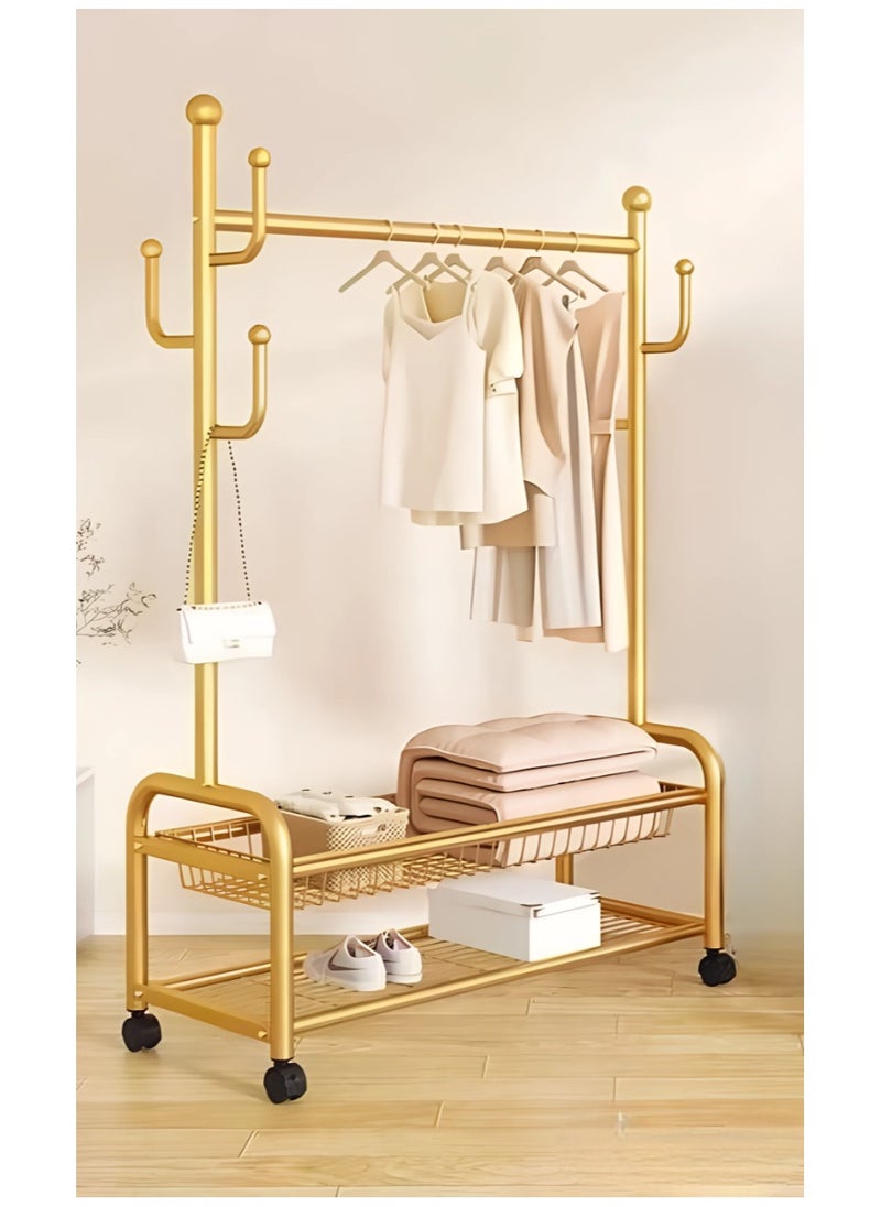 AIWANTO 2 Tier Clothing Rack with Shelves & 4 Wheels Heavy Duty Modern for Bedroom & Living Room Ideal for Hanging Clothes Storage Dryer Indoor Durable Drying Stand Easy to Assemble 171x120x32cm Gold  - Image 3
