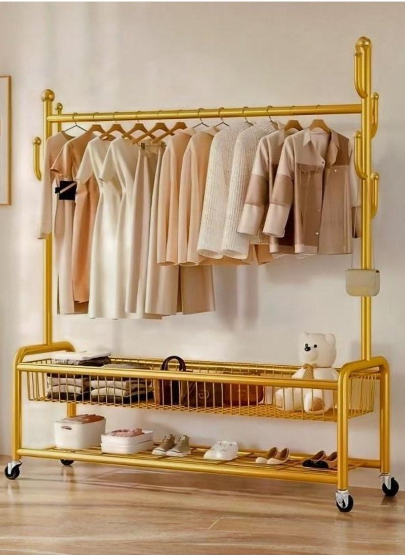 AIWANTO 2 Tier Clothing Rack with Shelves & 4 Wheels Heavy Duty Modern for Bedroom & Living Room Ideal for Hanging Clothes Storage Dryer Indoor Durable Drying Stand Easy to Assemble 171x120x32cm Gold  - Image 1