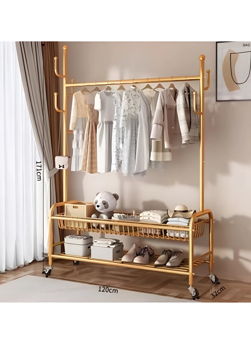 AIWANTO 2 Tier Clothing Rack with Shelves & 4 Wheels Heavy Duty Modern for Bedroom & Living Room Ideal for Hanging Clothes Storage Dryer Indoor Durable Drying Stand Easy to Assemble 171x120x32cm Gold  - Image 2