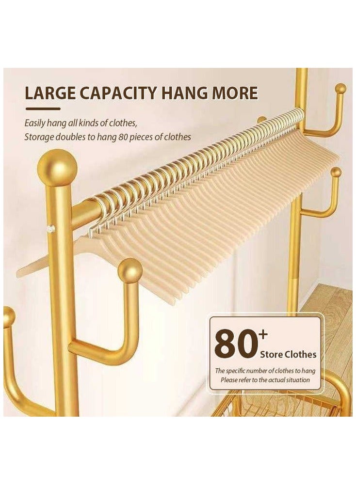 إيونتو رف ملابس مكون من طبقتين مع سلة ورف للأحذية و4 عجلات، تصميم عصري متين لغرفة النوم وغرفة المعيشة، مثالي لتعليق الملابس وتخزينها، مجفف داخلي، حامل تجفيف متين، سهل التجميع، 171 × 120 × 32 سم، ذهبي - Image 5