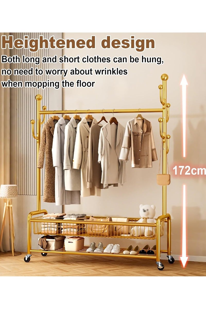 إيونتو رف ملابس مكون من طبقتين مع سلة ورف للأحذية و4 عجلات، تصميم عصري متين لغرفة النوم وغرفة المعيشة، مثالي لتعليق الملابس وتخزينها، مجفف داخلي، حامل تجفيف متين، سهل التجميع، 171 × 120 × 32 سم، ذهبي - Image 4