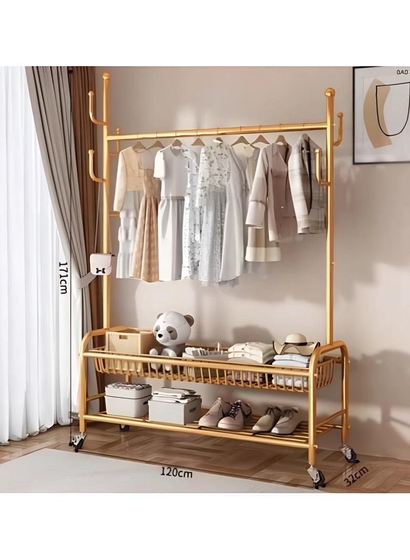 إيونتو رف ملابس مكون من طبقتين مع سلة ورف للأحذية و4 عجلات، تصميم عصري متين لغرفة النوم وغرفة المعيشة، مثالي لتعليق الملابس وتخزينها، مجفف داخلي، حامل تجفيف متين، سهل التجميع، 171 × 120 × 32 سم، ذهبي - Image 3