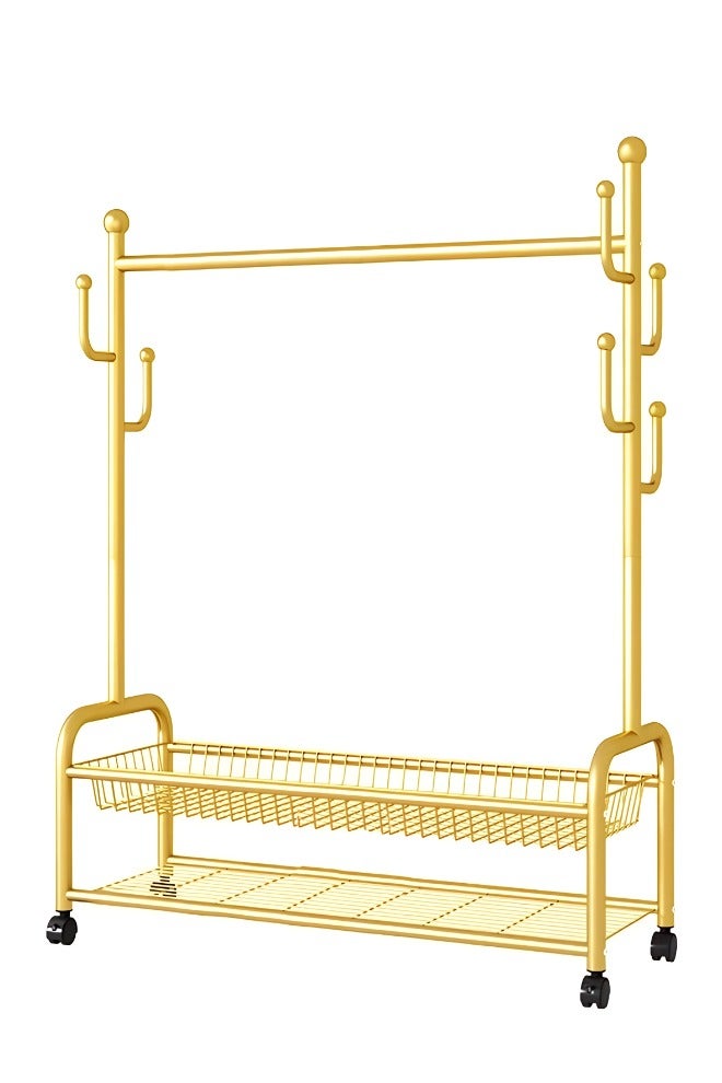 إيونتو رف ملابس مكون من طبقتين مع سلة ورف للأحذية و4 عجلات، تصميم عصري متين لغرفة النوم وغرفة المعيشة، مثالي لتعليق الملابس وتخزينها، مجفف داخلي، حامل تجفيف متين، سهل التجميع، 171 × 120 × 32 سم، ذهبي - Image 1