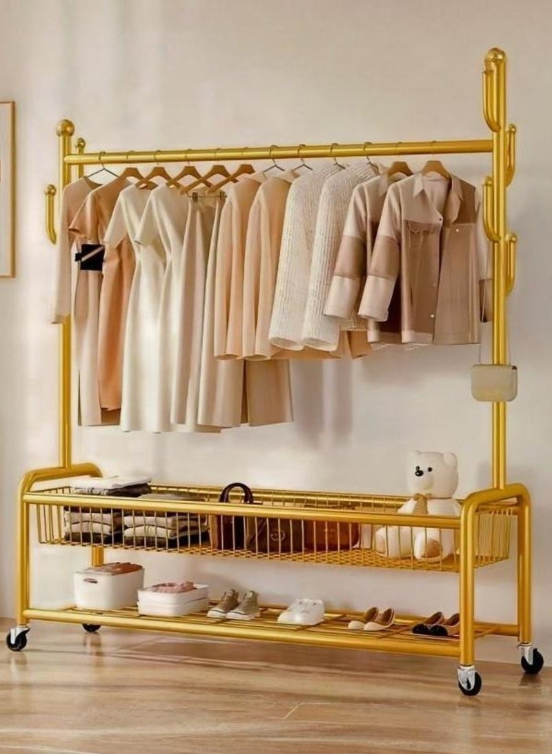 إيونتو رف ملابس مكون من طبقتين مع سلة ورف للأحذية و4 عجلات، تصميم عصري متين لغرفة النوم وغرفة المعيشة، مثالي لتعليق الملابس وتخزينها، مجفف داخلي، حامل تجفيف متين، سهل التجميع، 171 × 120 × 32 سم، ذهبي - Image 2