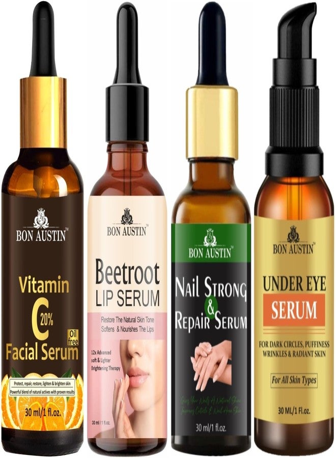 Bon Austin 100% Natural Vitamin C20% Facial Serum, Beetroot Lip Serum, Nail Strong and Repair Serum & Under Eye Serum (Remove Dark Circle) Each, 30ml - Combo of 4 Items - Image 2