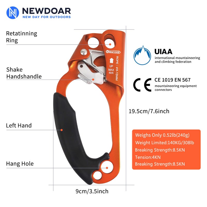 Newdoar نيو دوار صعود اليد اليسرى تسلق الصخور شجرة أرborist معدات النزول معتمد CE مشبك حبل ل 8~13MM حبل (برتقالي أيسر) - Image 2