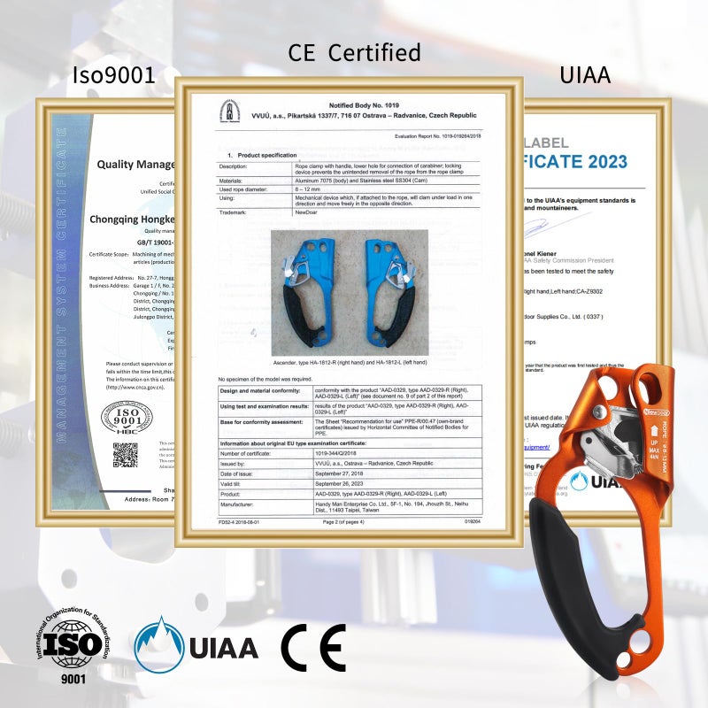 Newdoar نيو دوار صعود اليد اليسرى تسلق الصخور شجرة أرborist معدات النزول معتمد CE مشبك حبل ل 8~13MM حبل (برتقالي أيسر) - Image 3