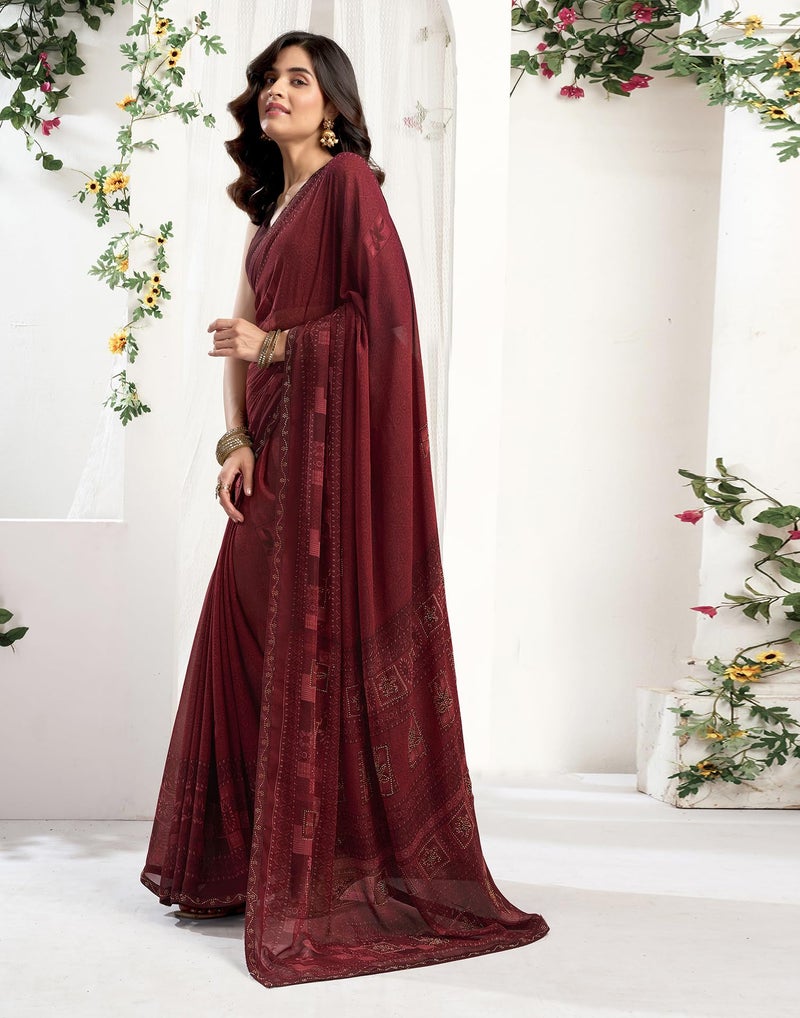 SIRIL Women's Georgette Printed Stone Work Saree with Unstitched Blouse Piece (4561S3298_Maroon1) - Image 2