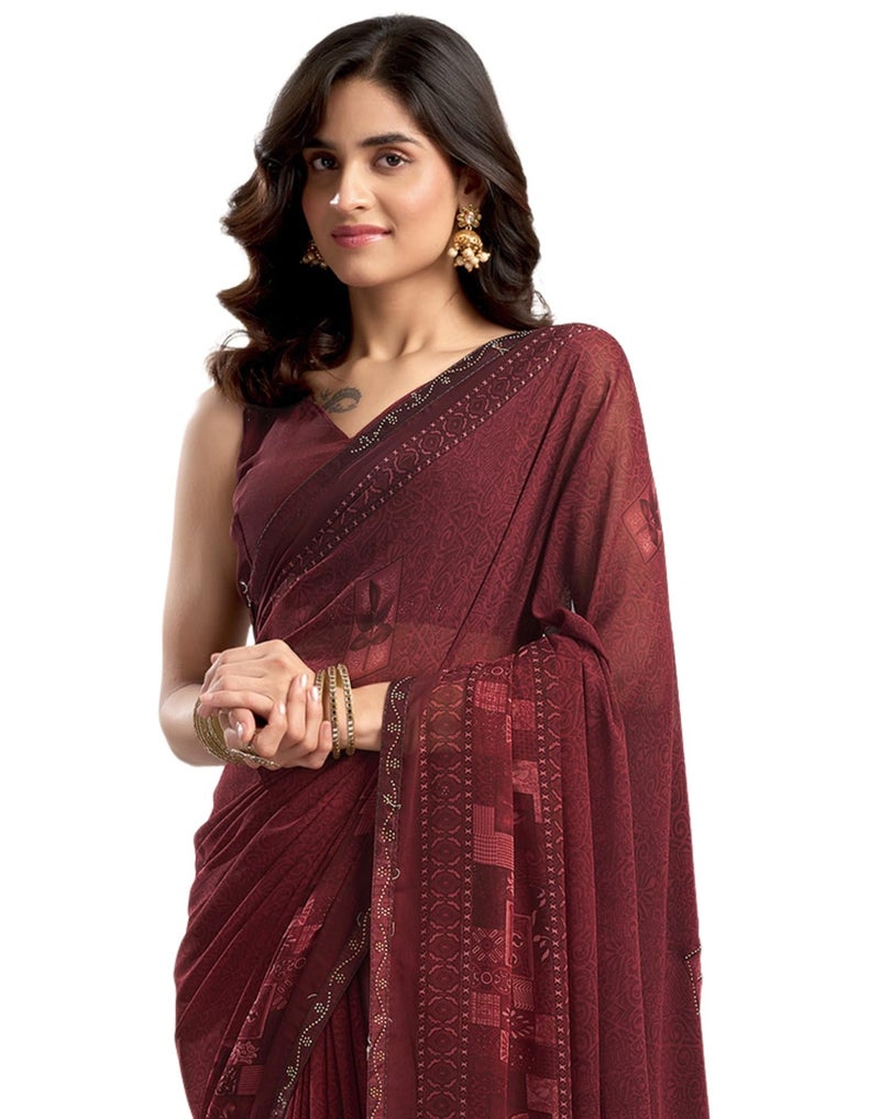 SIRIL Women's Georgette Printed Stone Work Saree with Unstitched Blouse Piece (4561S3298_Maroon1) - Image 1