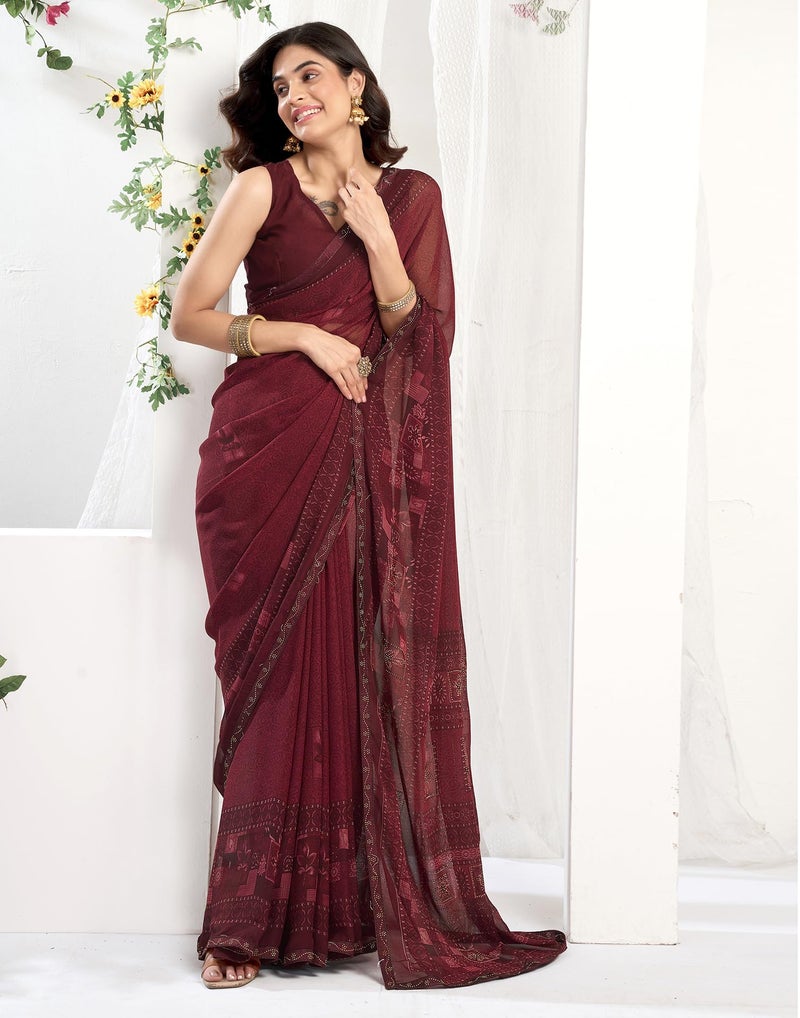 SIRIL Women's Georgette Printed Stone Work Saree with Unstitched Blouse Piece (4561S3298_Maroon1) - Image 3