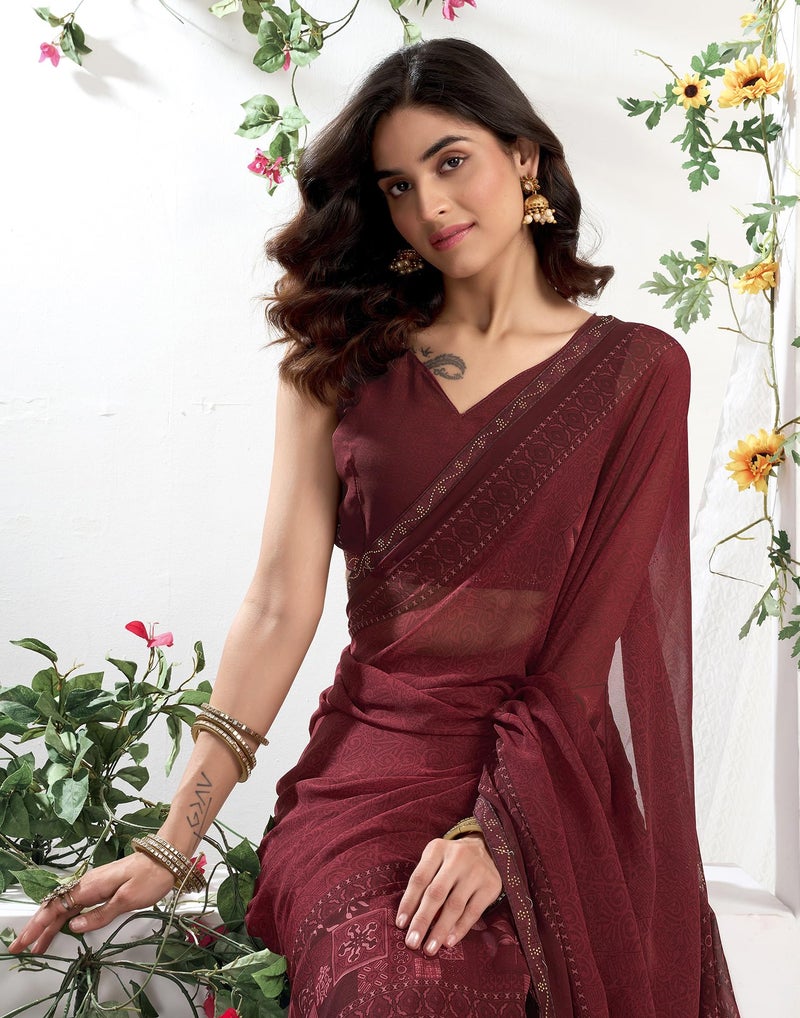SIRIL Women's Georgette Printed Stone Work Saree with Unstitched Blouse Piece (4561S3298_Maroon1) - Image 5