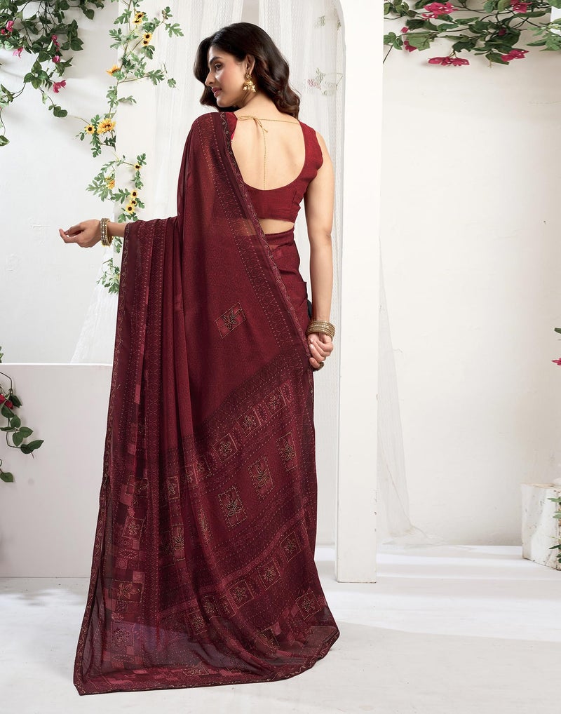 SIRIL Women's Georgette Printed Stone Work Saree with Unstitched Blouse Piece (4561S3298_Maroon1) - Image 4