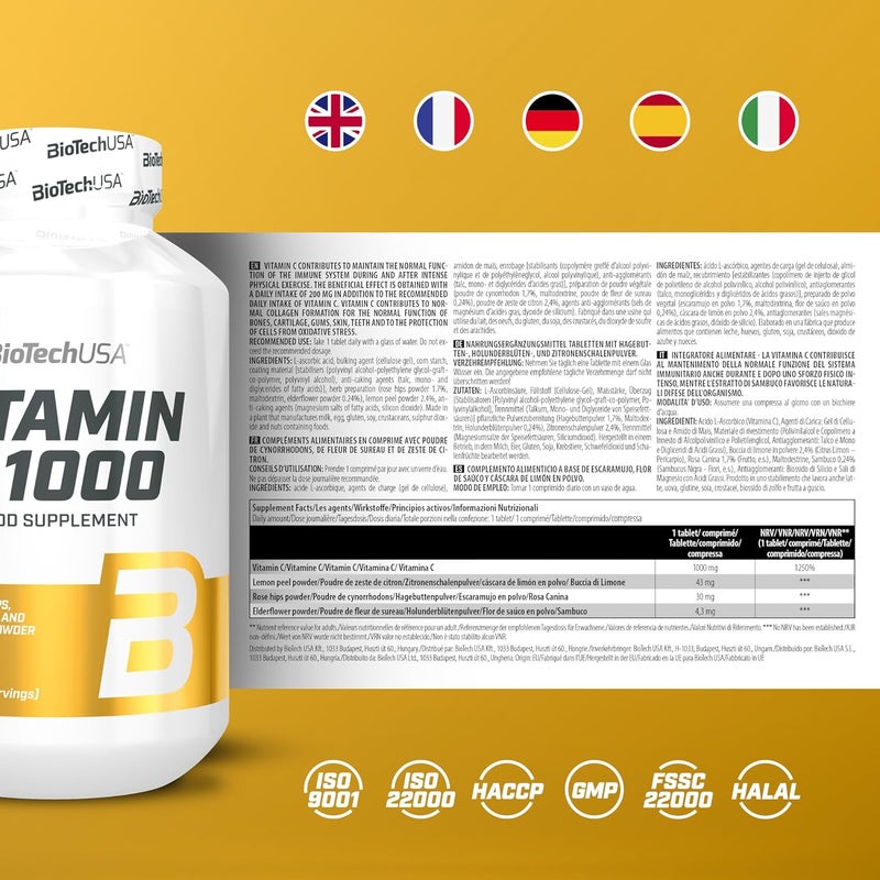 BioTechUSA Vitamin C 1000 BioFlavonoids Multiple Sources Immune Support Rosehip Elderflower Lemon 30 Tablets - Image 4