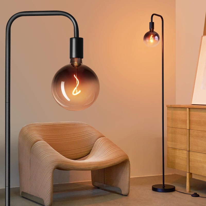ONEWISH Floor Lamp for Living Room - Minimalist Industrial Standing Lamp with Modern LED Bulb, Globe Black Clear Glass 6", 1800K Warm Ambiant Lighting Decorative Tall Floor Lamp for Bedroom Office - Image 1