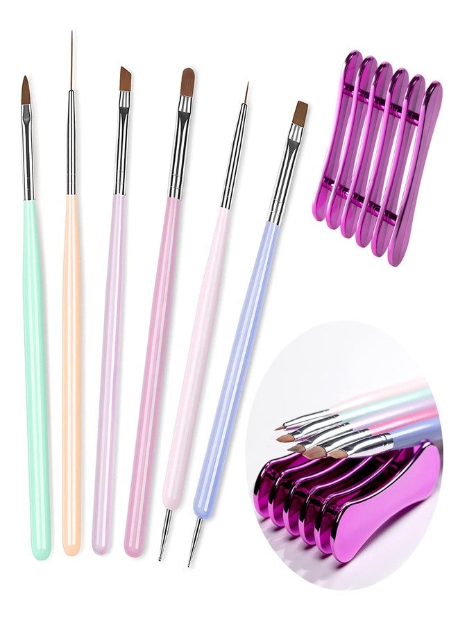 RARJSM Nail Art Brushes Set 6 Pcs Nail Art Design Pen Painting Tools with Pen Holder Double Ended Dotting French Tip Thin Liner Detail Brush Builder Nail Gel Brush Salon Home Diy Manicure Accessories - Image 1