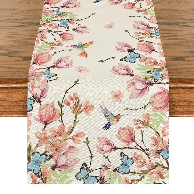 Artoid Mode Flowers Bird Butterfly Spring Table Runner, Seasonal Kitchen Dining Table Decoration for Home Party Decor 13x72 Inch - Image 1