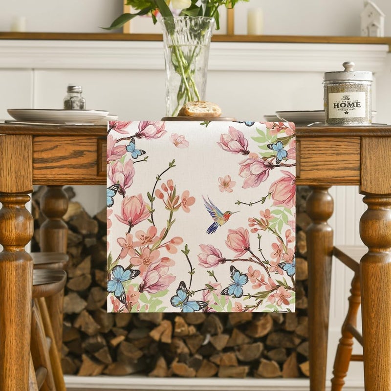 Artoid Mode Flowers Bird Butterfly Spring Table Runner, Seasonal Kitchen Dining Table Decoration for Home Party Decor 13x72 Inch - Image 2