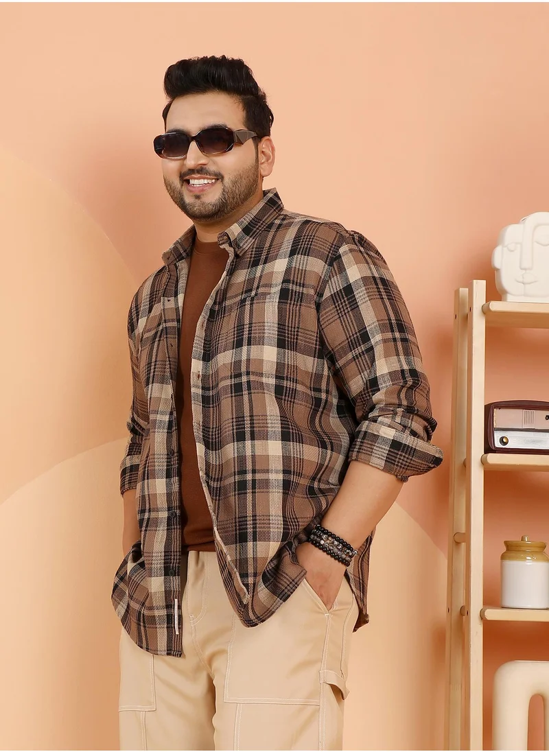 انستافاب بلس Instafab Plus Men's Mousse Brown Plaid-Weave Regular Shirt For Casual Wear | Spread Collar | Long Cuffed Sleeves | Button Closure | Plus Size Shirt Crafted With Comfort Fit For Everyday Wear