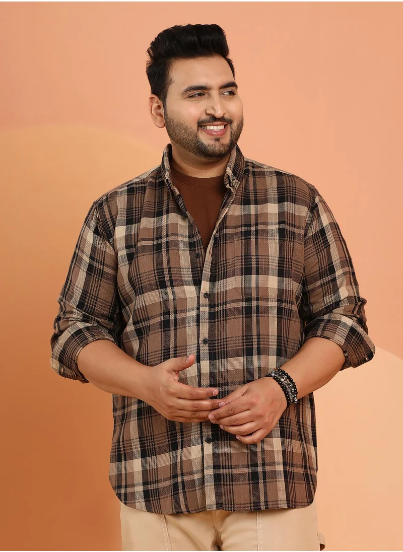 انستافاب بلس Instafab Plus Men's Mousse Brown Plaid-Weave Regular Shirt For Casual Wear | Spread Collar | Long Cuffed Sleeves | Button Closure | Plus Size Shirt Crafted With Comfort Fit For Everyday Wear