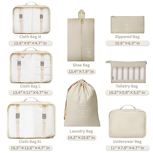 Niwlix 8 Pcs Travel Organizer Pouch Packing Cubes for Travel Clothes Space Savers Bags Cosmetics/Underwear/Socks/Shoes Toiletry Organiser Pouch (Beige, Nylon) - Image 2