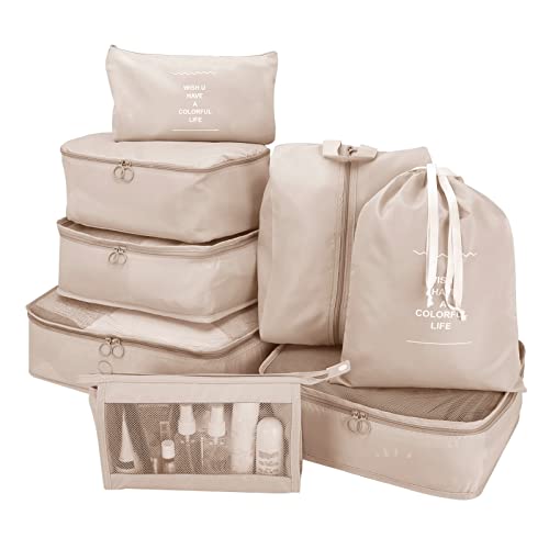Niwlix 8 Pcs Travel Organizer Pouch Packing Cubes for Travel Clothes Space Savers Bags Cosmetics/Underwear/Socks/Shoes Toiletry Organiser Pouch (Beige, Nylon) - Image 1