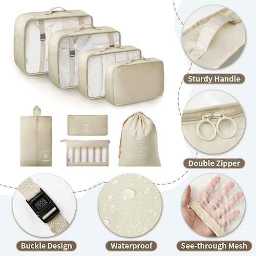 Niwlix 8 Pcs Travel Organizer Pouch Packing Cubes for Travel Clothes Space Savers Bags Cosmetics/Underwear/Socks/Shoes Toiletry Organiser Pouch (Beige, Nylon) - Image 3