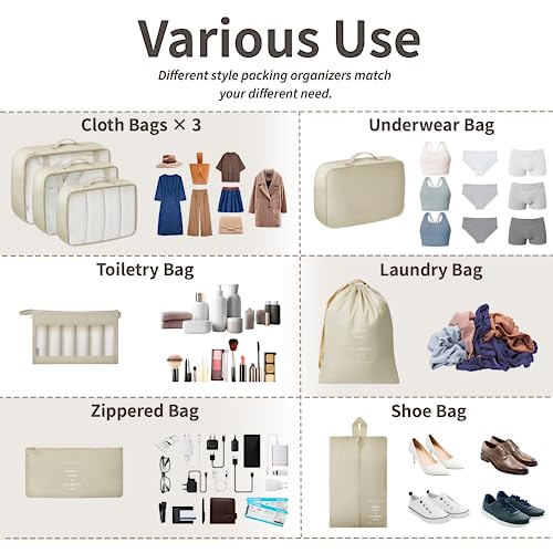 Niwlix 8 Pcs Travel Organizer Pouch Packing Cubes for Travel Clothes Space Savers Bags Cosmetics/Underwear/Socks/Shoes Toiletry Organiser Pouch (Beige, Nylon) - Image 4
