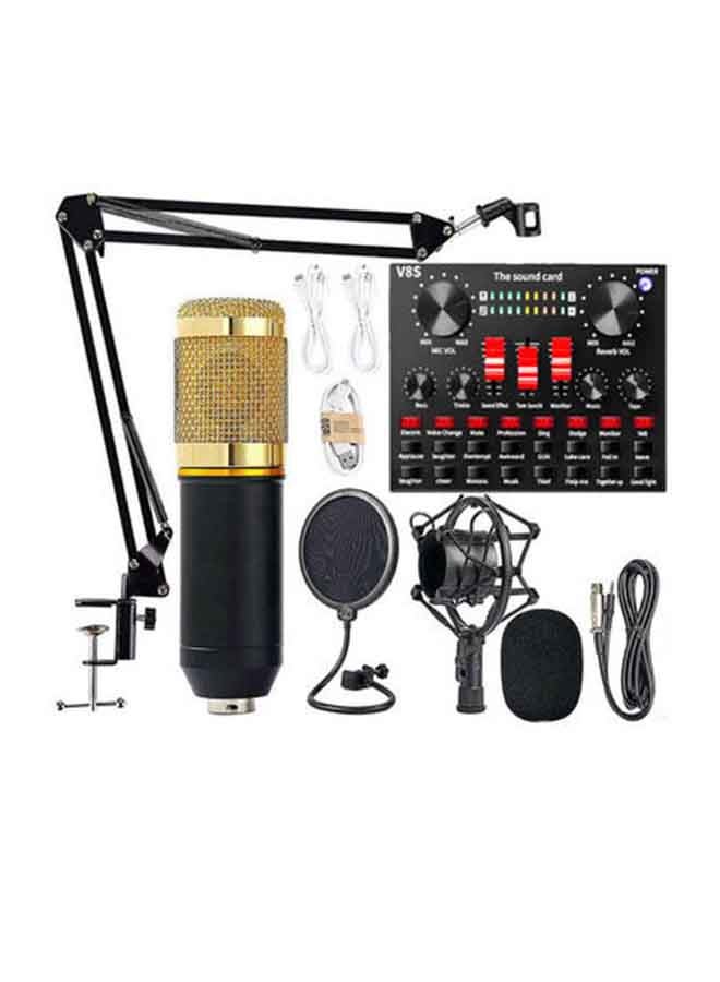 MUDISO Professional Condenser Microphone With V8S Live Sound Card And Studio Recording Broadcasting Set Black/Gold - Image 1