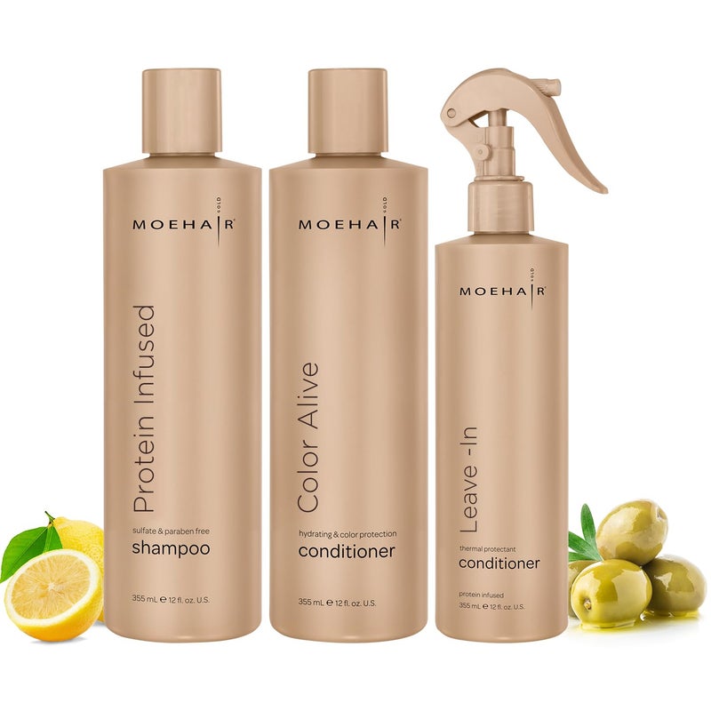 MOEHAIR Trio Pack: Protein Infused Shampoo + Color Alive Conditioner, and Leave-in Conditioner (12 Fl Oz Each) - Hydrating and Nourishing for Dry, Damaged, and Color-treated Hair - Image 1