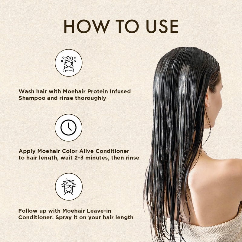 MOEHAIR Trio Pack: Protein Infused Shampoo + Color Alive Conditioner, and Leave-in Conditioner (12 Fl Oz Each) - Hydrating and Nourishing for Dry, Damaged, and Color-treated Hair - Image 5
