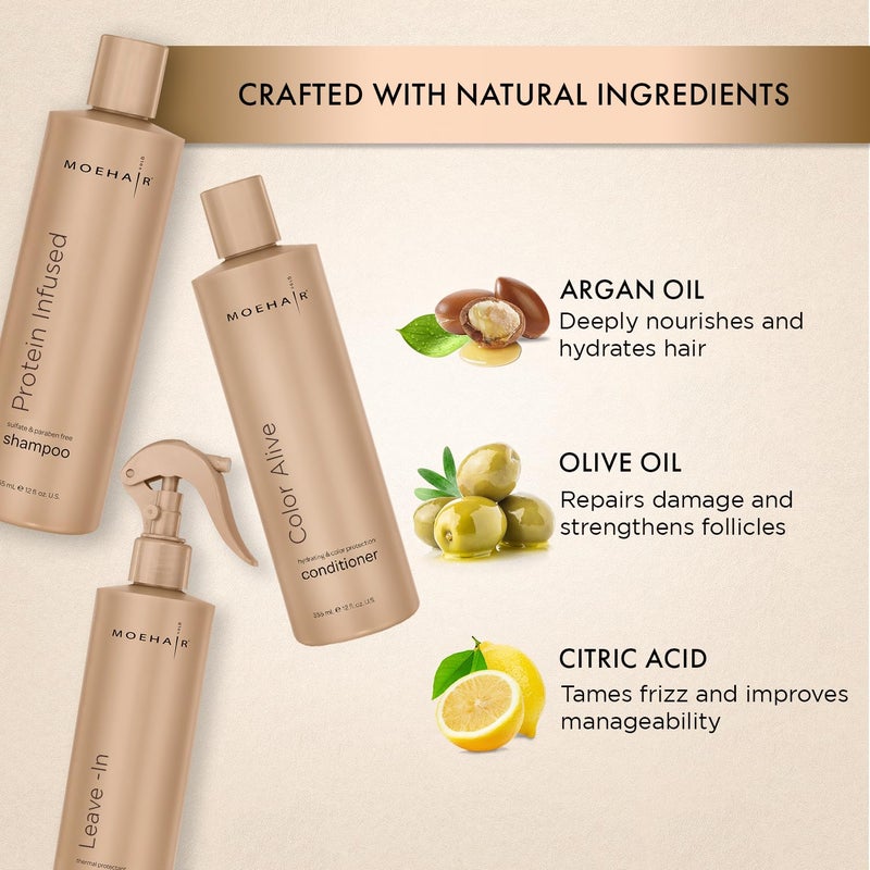 MOEHAIR Trio Pack: Protein Infused Shampoo + Color Alive Conditioner, and Leave-in Conditioner (12 Fl Oz Each) - Hydrating and Nourishing for Dry, Damaged, and Color-treated Hair - Image 2